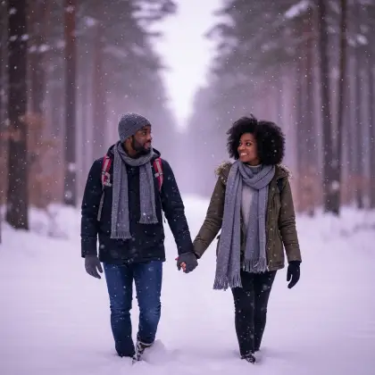 A couple walks hand in hand through a snow-dusted forest, wrapped in warmth and quiet affection—true love in every step.