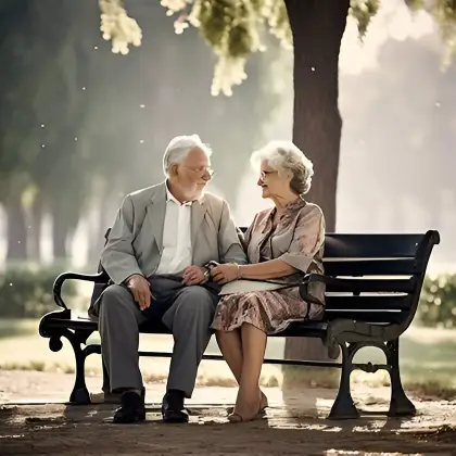 An elderly couple sits hand in hand on a sunlit bench—steadfast and serene, embodying trust built over time.