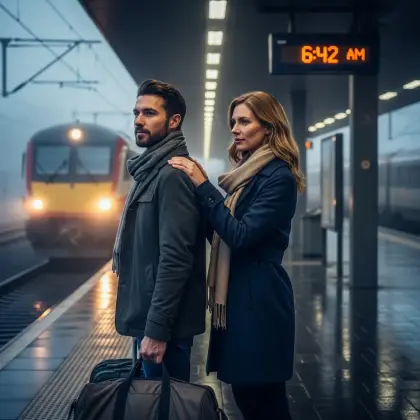 At 6:42 AM on a train platform, one person gently holds the other's shoulder as they prepare to part ways.