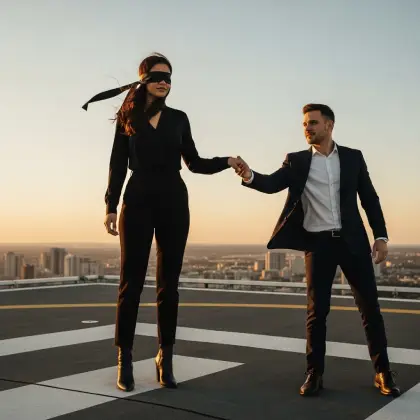 A man and a blindfolded woman in business attire hold hands on a rooftop, illustrating themes of trust and partnership.