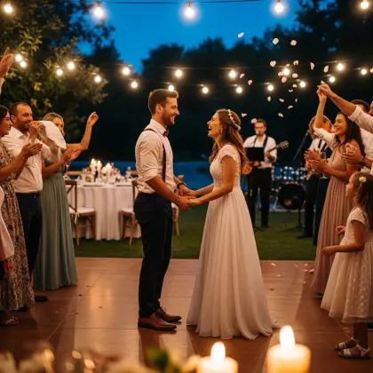 A couple weds under evening lights, embraced by clapping friends and family—a joyful circle of unity and love.