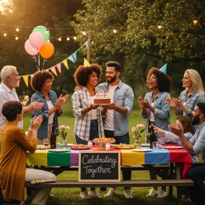 A group gathers outdoors around a birthday cake, balloons, and joy—celebrating connection in a unified circle of care