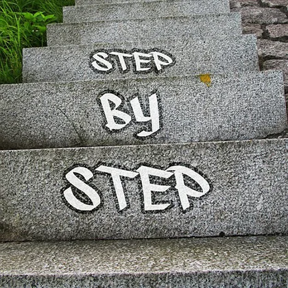 Steps labeled 'step by step,' illustrating the concept of gradual progress, emphasizing the idea of one day at a time.