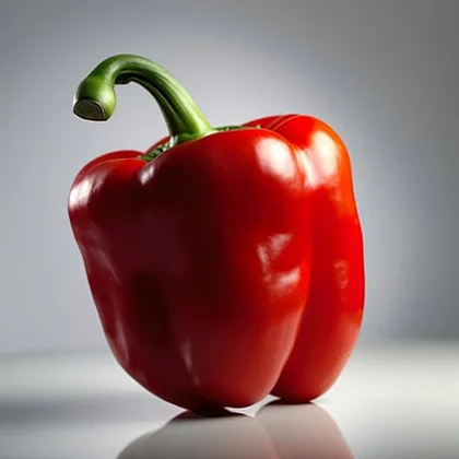 A single red pepper is displayed on a pristine white surface, highlighting its bright color and smooth texture.