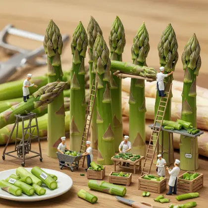 Tiny figures laboring on asparagus, engaged in a quest for knowledge in a playful, miniature setting.