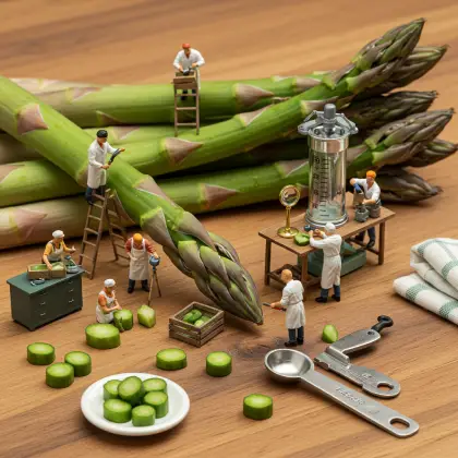 Small figures working diligently on asparagus, searching for facts in a playful and imaginative environment.