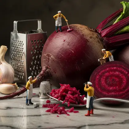 Tiny workers stand around a beet, seemingly investigating it for facts in a playful, miniature setting.