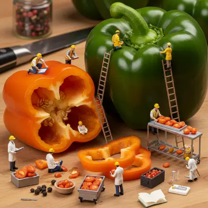 A cutting board displaying various bell peppers, with tiny workers investigating and gathering facts around them.