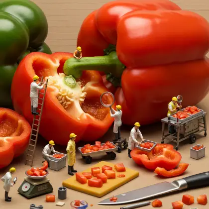 Miniature workers examining a bell pepper, searching for facts in a whimsical, oversized vegetable scene.