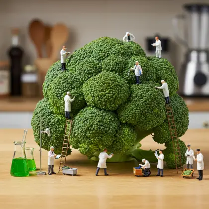 Small workers engaged in research on broccoli, exploring its features for valuable insights.