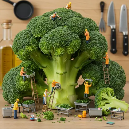 A team of miniature workers studying a broccoli, focused on uncovering interesting facts about it.