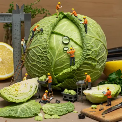 Small workers with a crane explore a cabbage, engaged in a quest for knowledge in a fantastical, oversized scene.