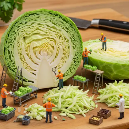 Small workers engaged in research on a cabbage, looking for valuable insights.
