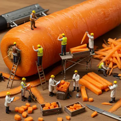 A cutting board with a bunch of carrots and tiny workers searching for facts among the vegetables.