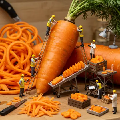 Miniature workers examining a large carrot, searching for facts in a whimsical, oversized vegetable setting.
