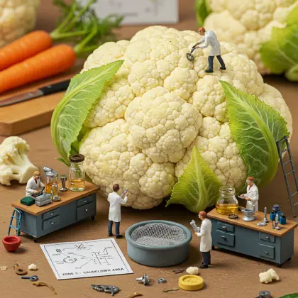 A large white cauliflower surrounded by tiny workers and vegetables, depicting a scene of exploration and discovery.