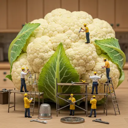 A giant cauliflower surrounded by small workers, who are investigating it for information and insights.