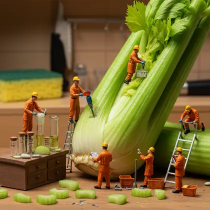 Miniature workers examining a celery stalk, searching for facts in a whimsical, oversized vegetable landscape.