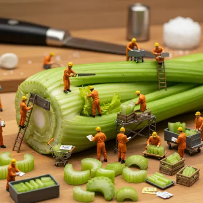 Small workers engaged in research on a celery stalk, highlighting a creative scene of exploration and discovery.