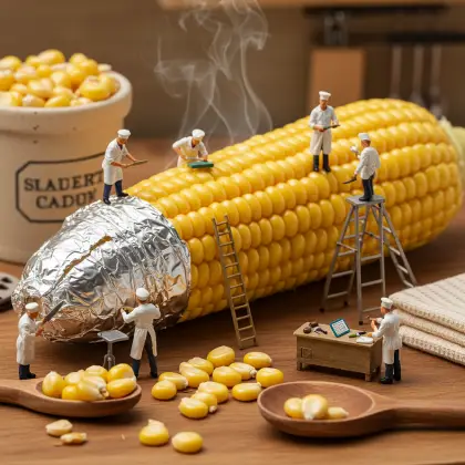 Tiny figures working diligently on a corn cob, investigating for information.