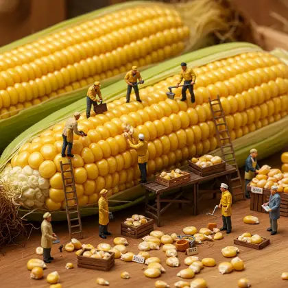 Tiny figures working diligently on a corn cob, seeking information hidden within the kernels.