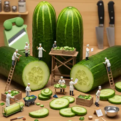 Small workers engaged in research on a cucumber, highlighting their quest for knowledge in a miniature setting.