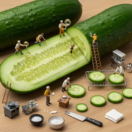 Miniature workers examining a cucumber, searching for facts in a whimsical, tiny world.