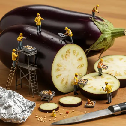 Tiny figures stand around a large eggplant, seemingly investigating and discussing facts related to the vegetable.