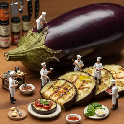 Miniature figures work diligently on an eggplant, seeking information in a playful, imaginative setting.