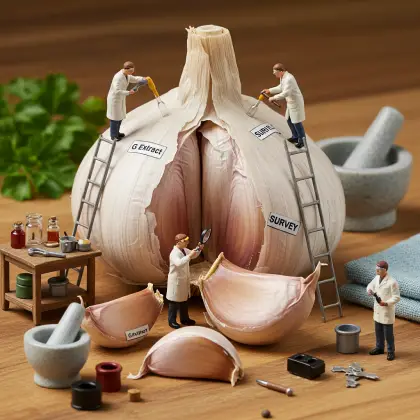 A miniature garlic factory model with tiny workers engaged in various tasks, exploring facts about garlic production.
