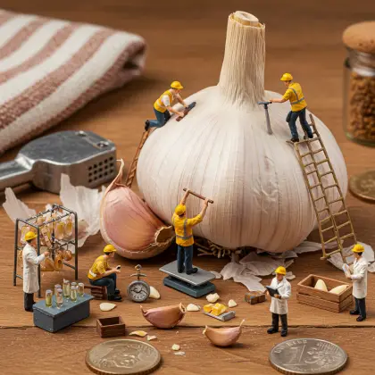 A cluster of tiny figures encircles a garlic, collaborating to uncover intriguing facts and insights.