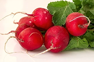 Fresh radishes arranged neatly on a white surface, highlighting their bright red skin and crisp green leaves.