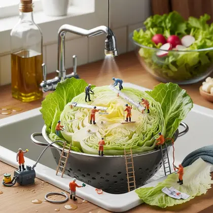 A kitchen sink filled with lettuce, with tiny workers examining them for facts.