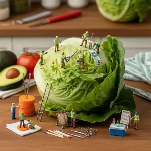 A large lettuce with tiny workers examining it, searching for facts among its leaves.
