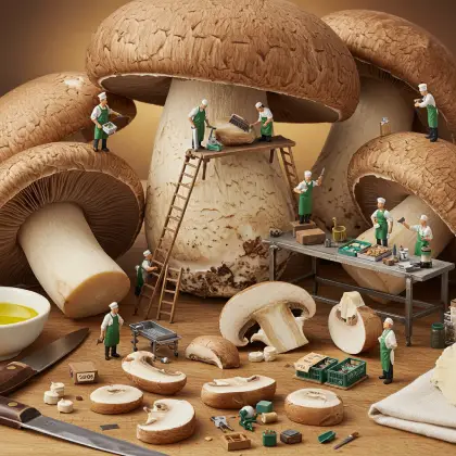 Small figures cooking mushrooms on a table, actively searching for facts in their culinary endeavor.