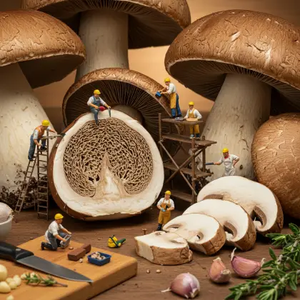 A wooden cutting board features tiny workers examining a mushroom, symbolizing research and discovery in a whimsical scene.
