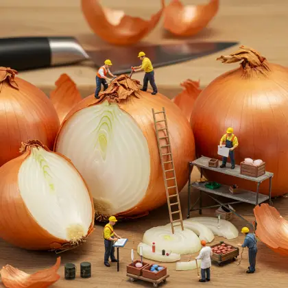 Small workers engaged in research on an onion, exploring its layers for insights.