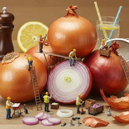 Miniature workers examining an onion, searching for facts among its layers.