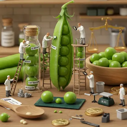 Miniature workers examining peas in a factory, focused on gathering information about the product.