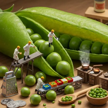 Miniature workers examining peas, focused on gathering information about the crop.