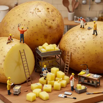 Tiny figures working diligently on a potato, exploring and uncovering facts in a playful, miniature setting.