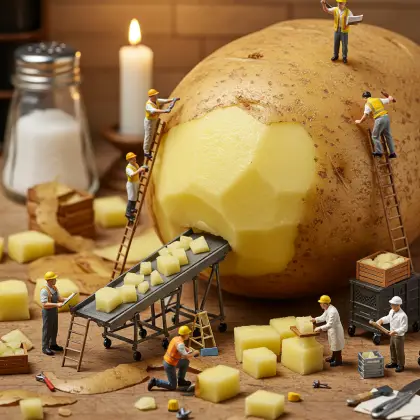 Miniature workers examining a potato, searching for facts in a whimsical, surreal scene.