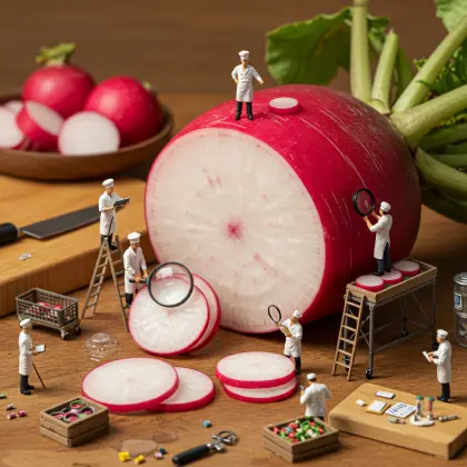 Miniature figurines of tiny workers examining radishes on a table, symbolizing a quest for knowledge and facts.