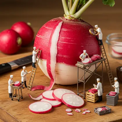 Small figures are seated At a table with radishes, actively searching for facts related to healthy eating habits.