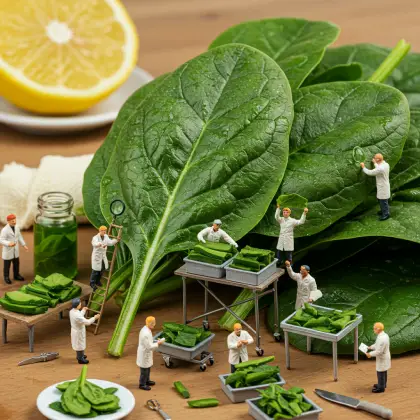 Miniature workers examining a spinach leaf, searching for facts in a whimsical, detailed scene.