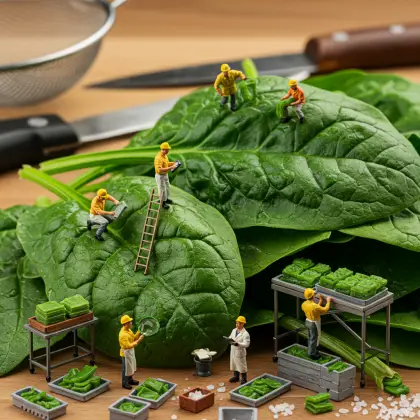 Small workers are seated At a table, investigating spinach leaves, symbolizing their search for knowledge.