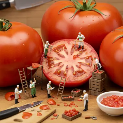 Miniature figures cut tomatoes on a cutting board, symbolizing tiny workers searching for facts in a culinary setting.