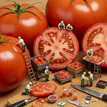 Small workers are engaged in research on a table filled with tomatoes, exploring facts in their tiny environment.