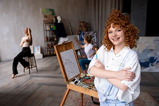 A woman stands confidently before an easel, arms crossed, embodying the cultural influence of women in art and media.