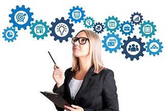 A businesswoman holds a clipboard featuring gears and icons, symbolizing women's vital role in innovation and technology.